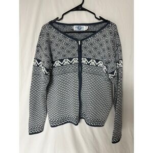 The Sweater Venture Hand Knit Zip Up Cardigan Navy Blue White Fair Isle Bird L